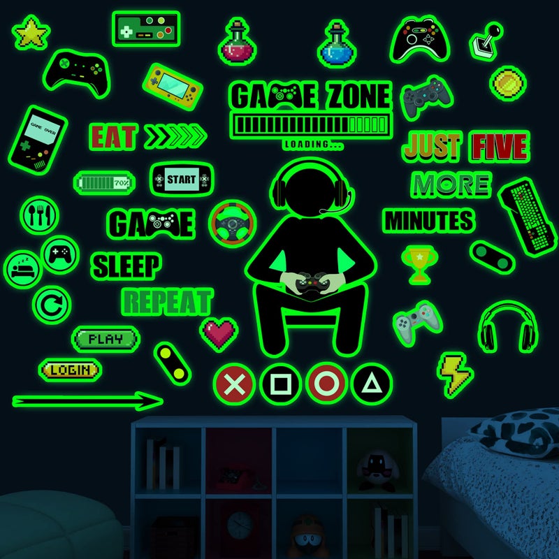 Sinekong Gamer Wall Decals Stickers Glow in The Dark Wall Decals Game Wall Stickers Gaming Controller Wall Decals Game Room Decor Video Game Decal for Boys Kids Girls Bedoom Playroom Wall Decor (Green) - Image 1